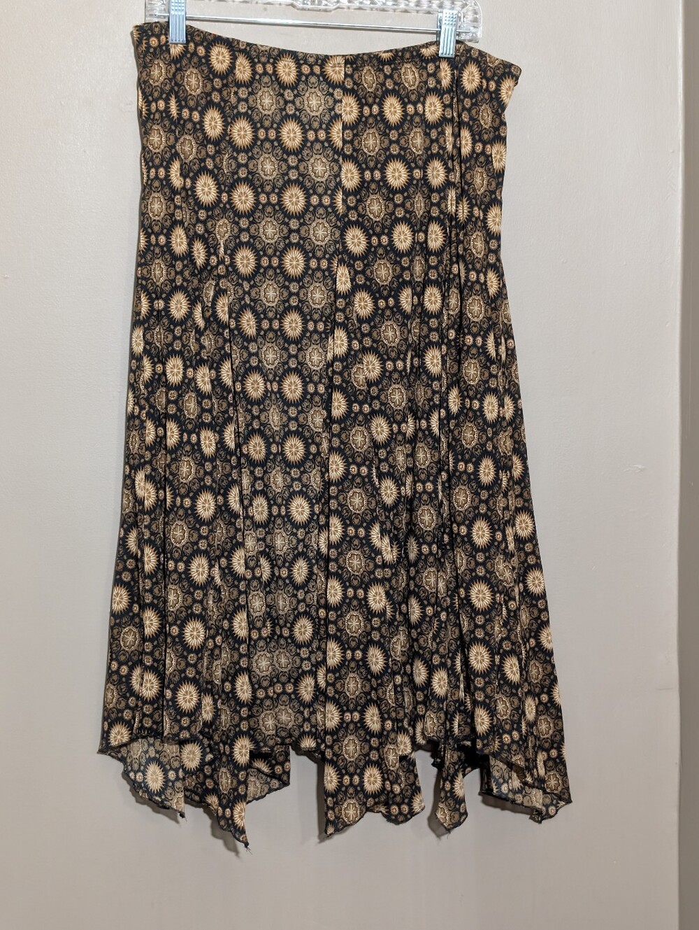 Vintage Y2K Brown Sunburst Geo Handkerchief Hem Midi Skirt Goblincore Fairycore